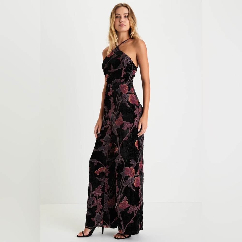 Lulus Exquisite Vibe Black Floral Burnout Velvet Purple Pink Lace-Up Jumpsuit M - Picture 3 of 11